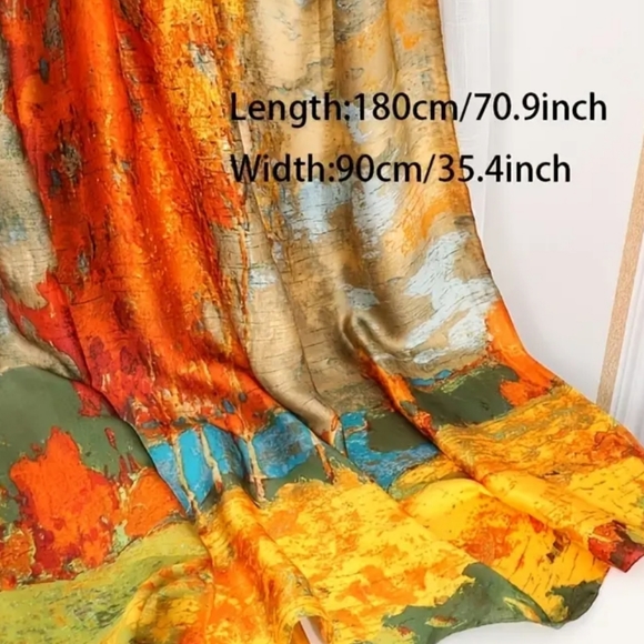 NWT Elegant Retro Landscape Shawl Scarf Wrap Tangerine Orange Teal - Picture 3 of 3
